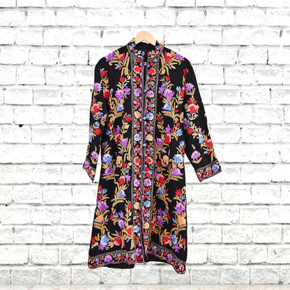 Indian Vintage Black Embroidered Kashmiri Coat, Aari Embroidery, Pure Woolen Coat, Boho Jacket For Both Women/Men Indian Coat