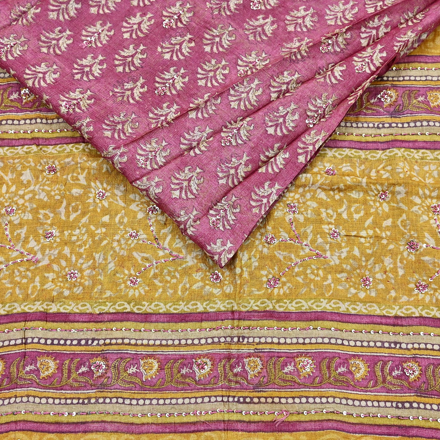 Indian Vintage Pink & Mustard Saree Pure Khadi Silk Handloom Hand Embroidered Sari Craft Fabric 5yd Ethnic Wear Dress making Crafting