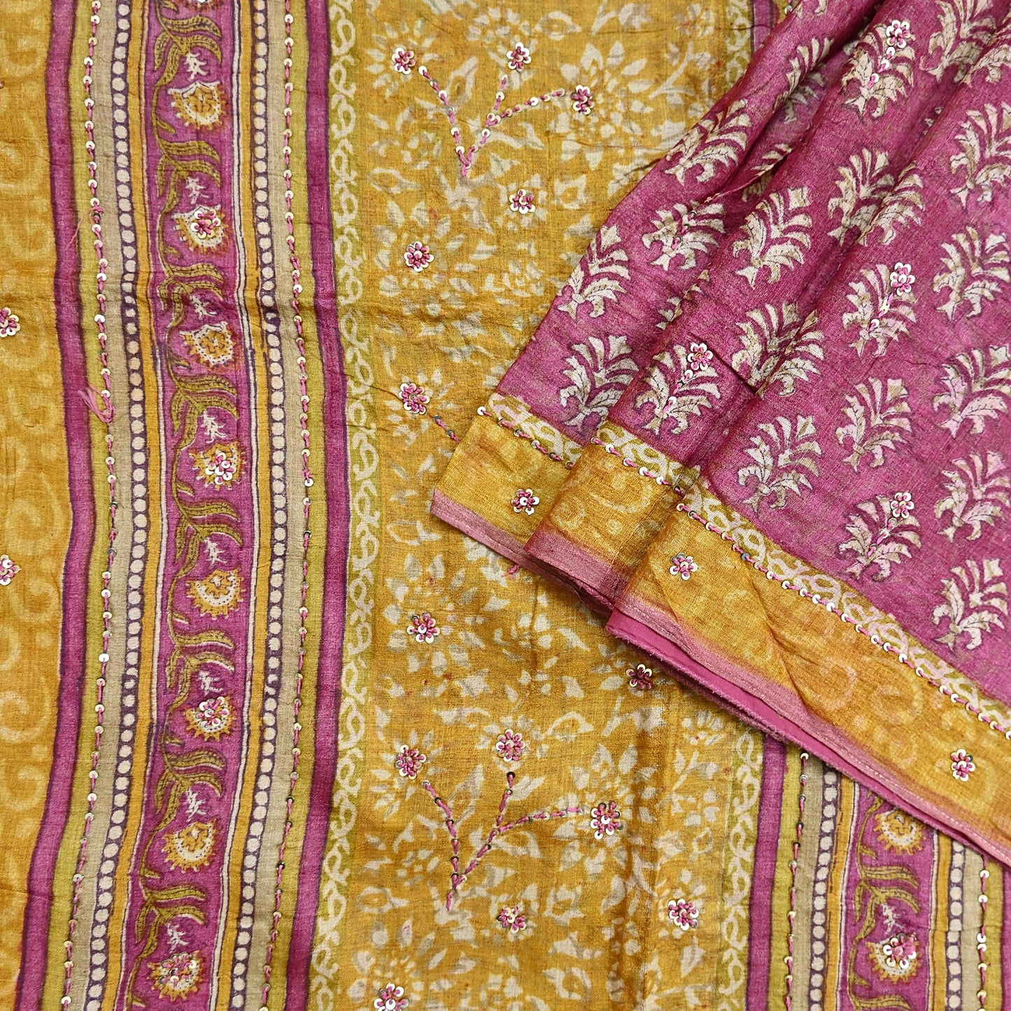 Indian Vintage Pink & Mustard Saree Pure Khadi Silk Handloom Hand Embroidered Sari Craft Fabric 5yd Ethnic Wear Dress making Crafting