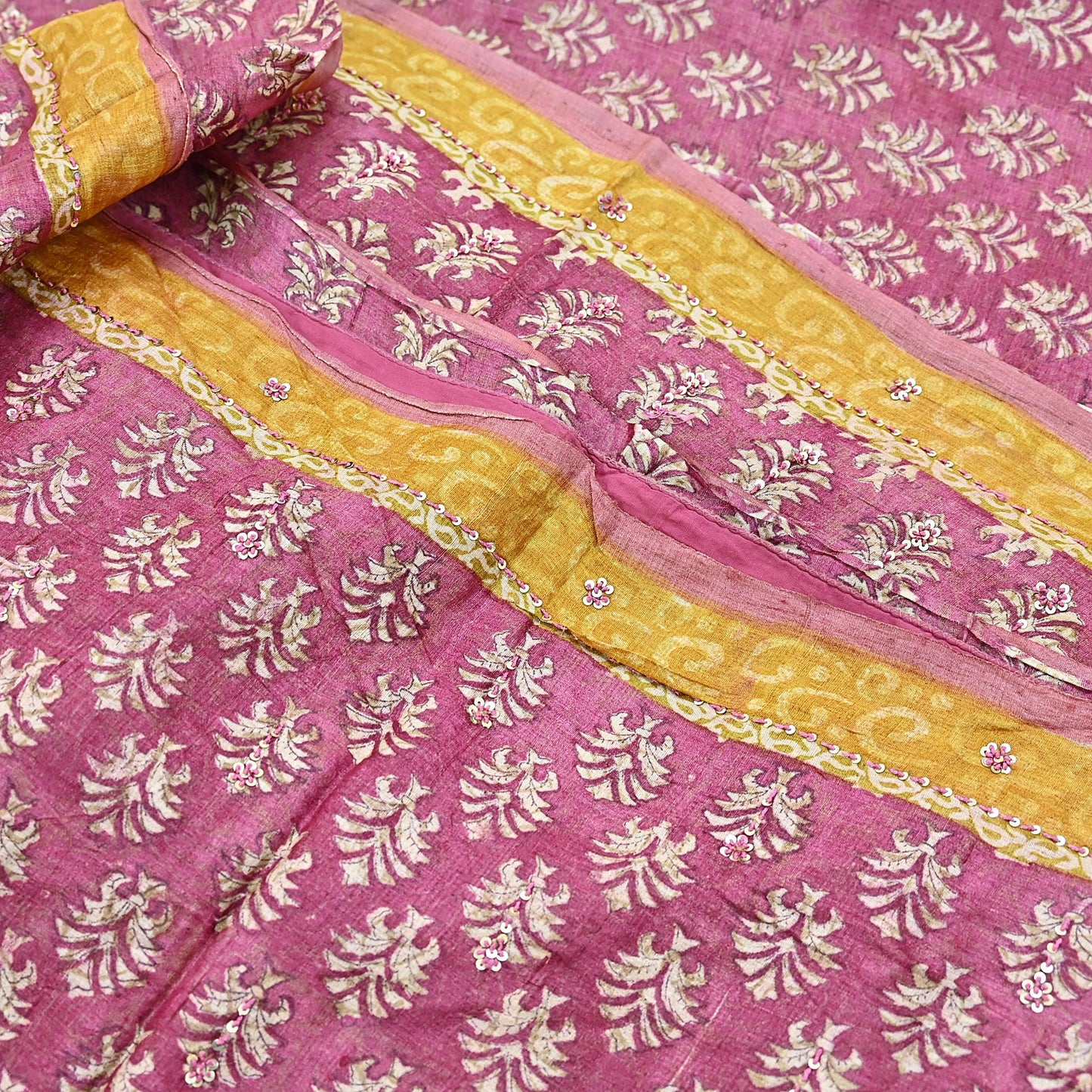 Indian Vintage Pink & Mustard Saree Pure Khadi Silk Handloom Hand Embroidered Sari Craft Fabric 5yd Ethnic Wear Dress making Crafting