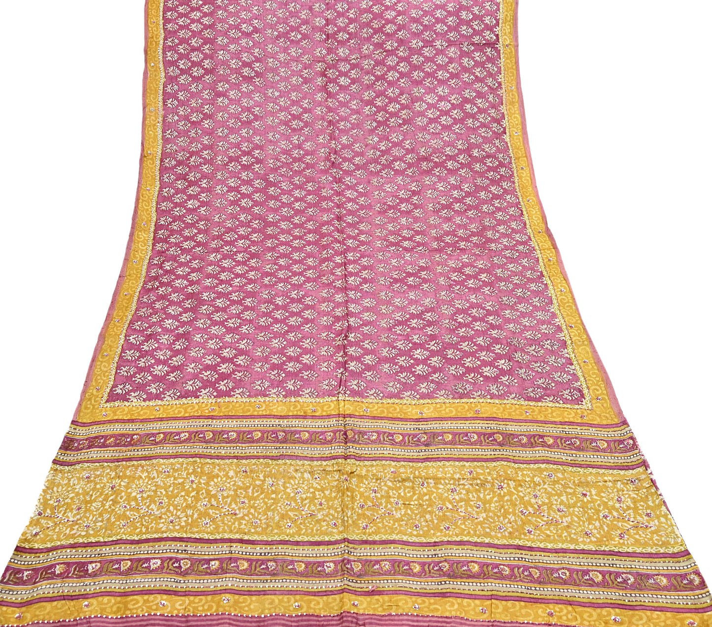 Indian Vintage Pink & Mustard Saree Pure Khadi Silk Handloom Hand Embroidered Sari Craft Fabric 5yd Ethnic Wear Dress making Crafting