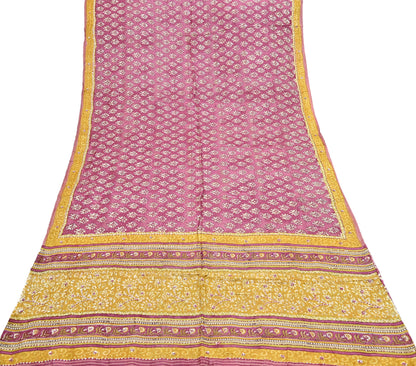 Indian Vintage Pink & Mustard Saree Pure Khadi Silk Handloom Hand Embroidered Sari Craft Fabric 5yd Ethnic Wear Dress making Crafting