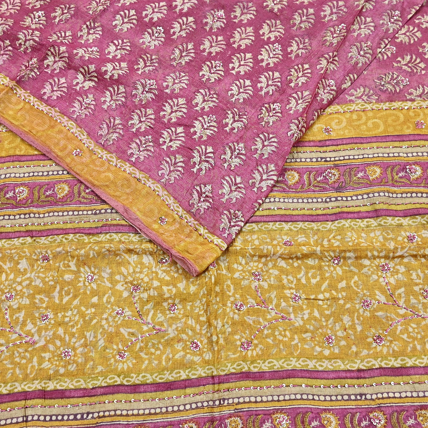 Indian Vintage Pink & Mustard Saree Pure Khadi Silk Handloom Hand Embroidered Sari Craft Fabric 5yd Ethnic Wear Dress making Crafting