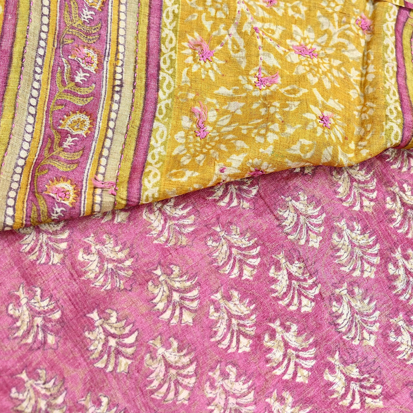 Indian Vintage Pink & Mustard Saree Pure Khadi Silk Handloom Hand Embroidered Sari Craft Fabric 5yd Ethnic Wear Dress making Crafting