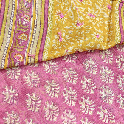 Indian Vintage Pink & Mustard Saree Pure Khadi Silk Handloom Hand Embroidered Sari Craft Fabric 5yd Ethnic Wear Dress making Crafting