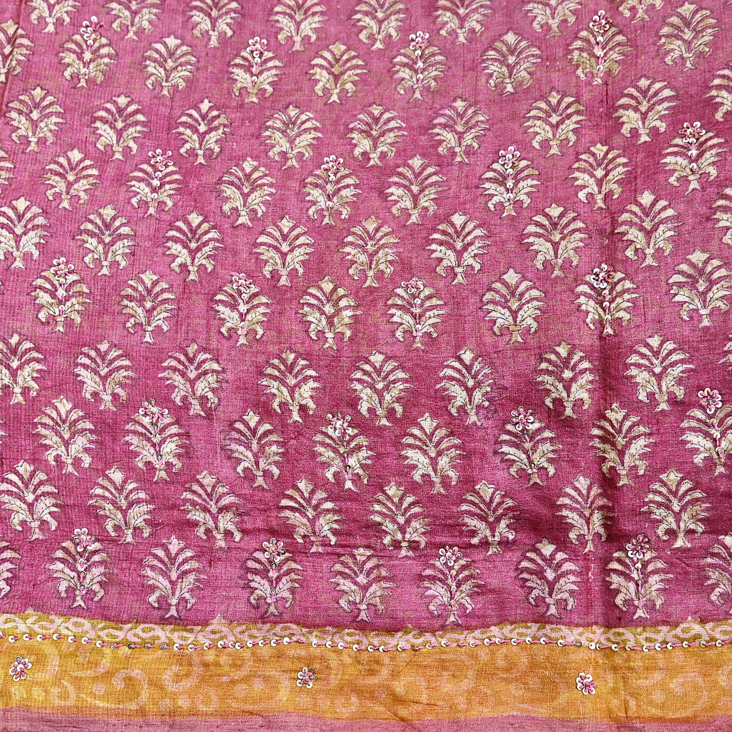 Indian Vintage Pink & Mustard Saree Pure Khadi Silk Handloom Hand Embroidered Sari Craft Fabric 5yd Ethnic Wear Dress making Crafting