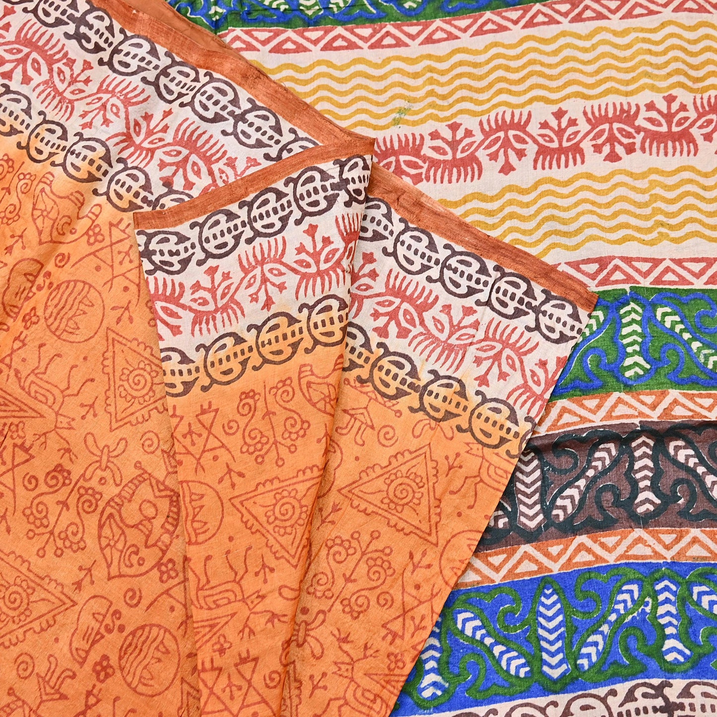 Indian Vintage Saffron Saree Pure Khadi Silk Handloom Warli Printed Sari Craft Fabric 5yd Ethnic Wear Sari Humans Dress making Crafting