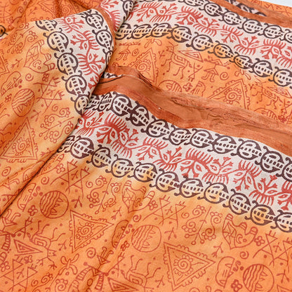 Indian Vintage Saffron Saree Pure Khadi Silk Handloom Warli Printed Sari Craft Fabric 5yd Ethnic Wear Sari Humans Dress making Crafting