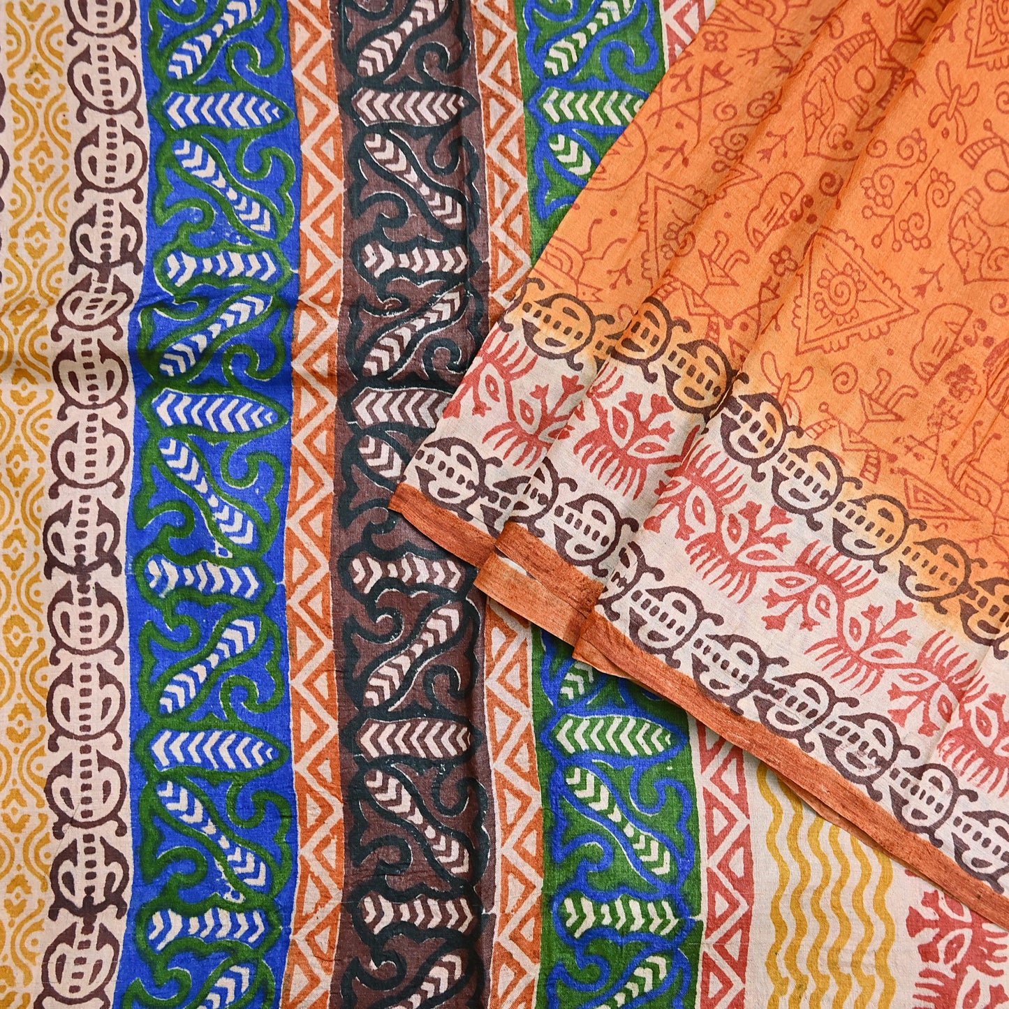 Indian Vintage Saffron Saree Pure Khadi Silk Handloom Warli Printed Sari Craft Fabric 5yd Ethnic Wear Sari Humans Dress making Crafting