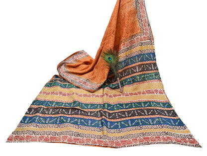 Indian Vintage Saffron Saree Pure Khadi Silk Handloom Warli Printed Sari Craft Fabric 5yd Ethnic Wear Sari Humans Dress making Crafting