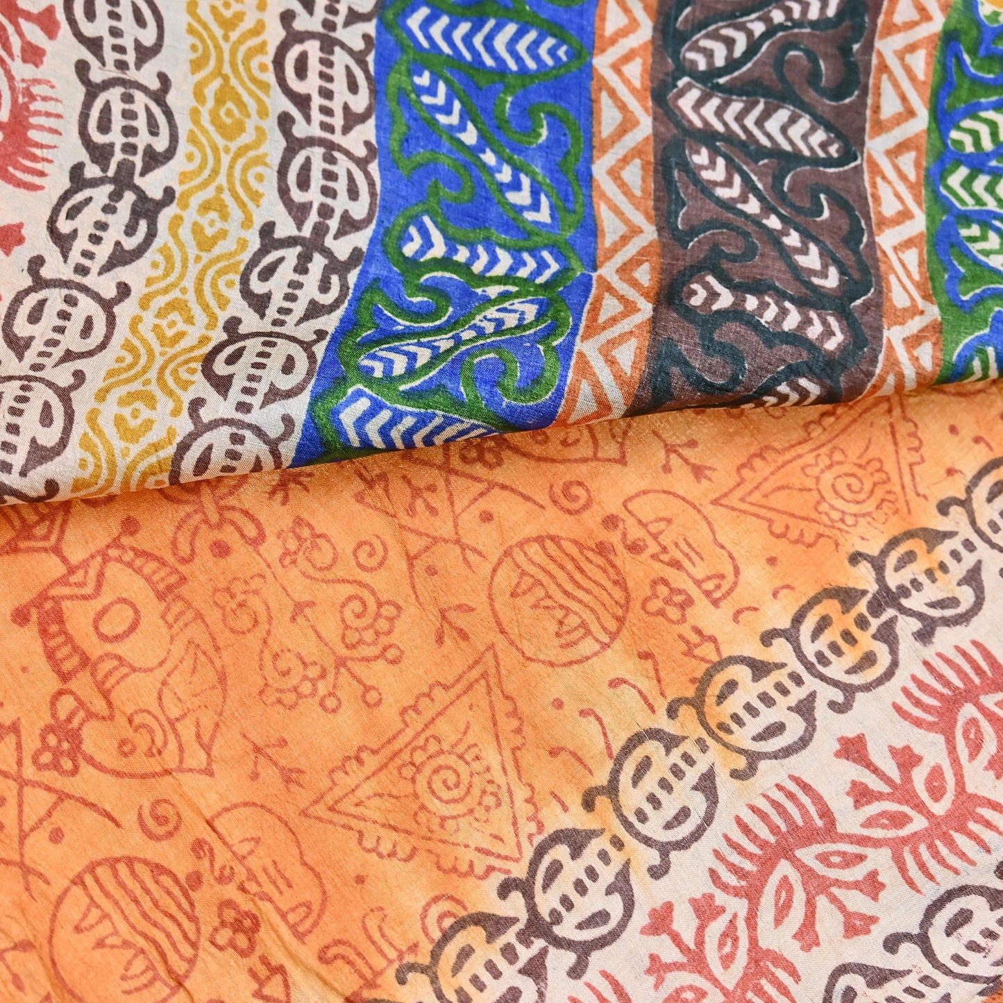 Indian Vintage Saffron Saree Pure Khadi Silk Handloom Warli Printed Sari Craft Fabric 5yd Ethnic Wear Sari Humans Dress making Crafting