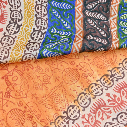 Indian Vintage Saffron Saree Pure Khadi Silk Handloom Warli Printed Sari Craft Fabric 5yd Ethnic Wear Sari Humans Dress making Crafting