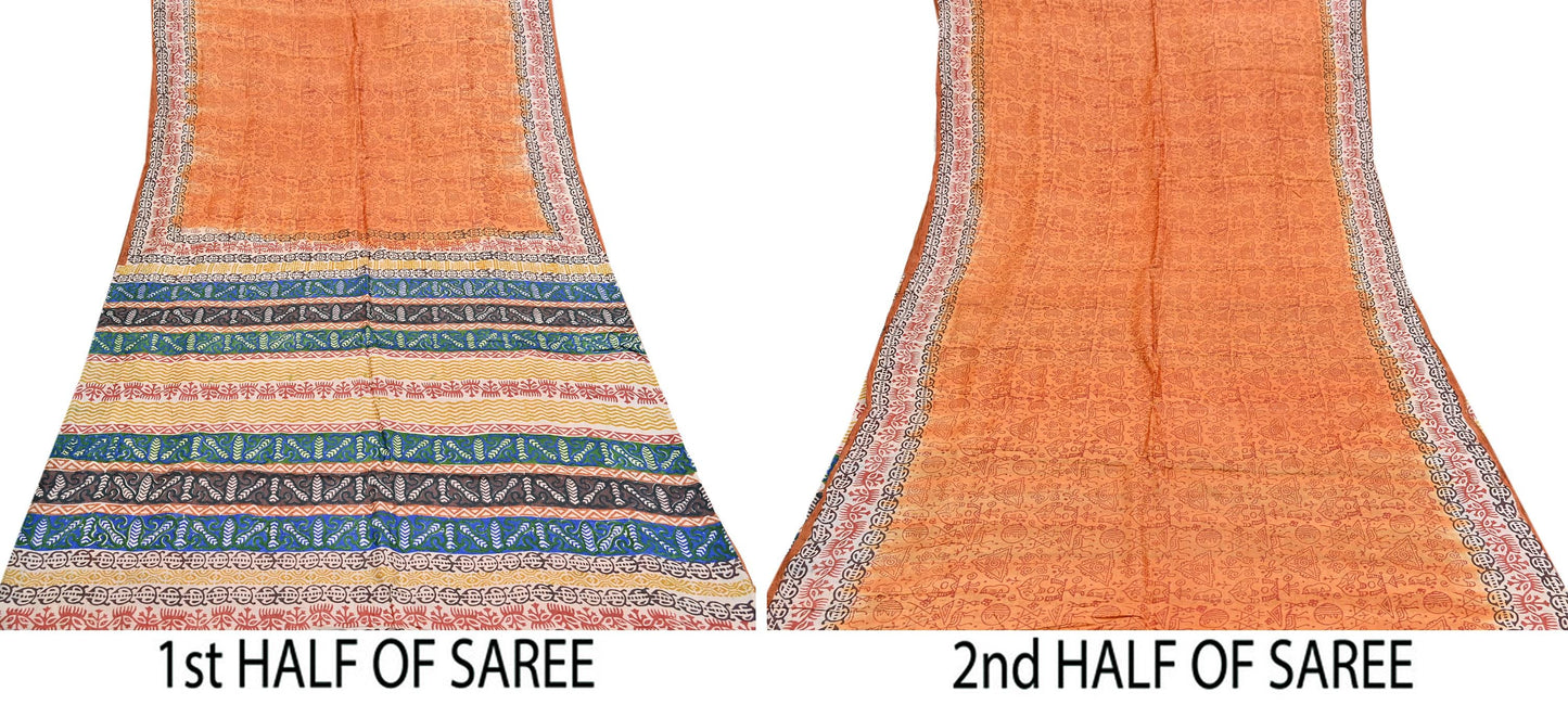 Indian Vintage Saffron Saree Pure Khadi Silk Handloom Warli Printed Sari Craft Fabric 5yd Ethnic Wear Sari Humans Dress making Crafting