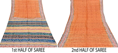 Indian Vintage Saffron Saree Pure Khadi Silk Handloom Warli Printed Sari Craft Fabric 5yd Ethnic Wear Sari Humans Dress making Crafting