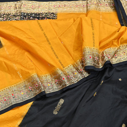 Indian Vintage Kanjivaram Saree Heavy Hand Embroidered Pure Silk Black & Yellow Bridal Fabric 5 Yards Dress Making Bollywood Sarees