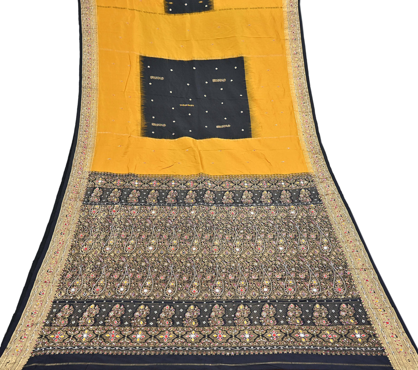 Indian Vintage Kanjivaram Saree Heavy Hand Embroidered Pure Silk Black & Yellow Bridal Fabric 5 Yards Dress Making Bollywood Sarees