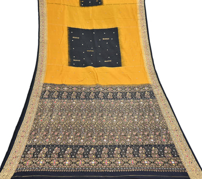 Indian Vintage Kanjivaram Saree Heavy Hand Embroidered Pure Silk Black & Yellow Bridal Fabric 5 Yards Dress Making Bollywood Sarees