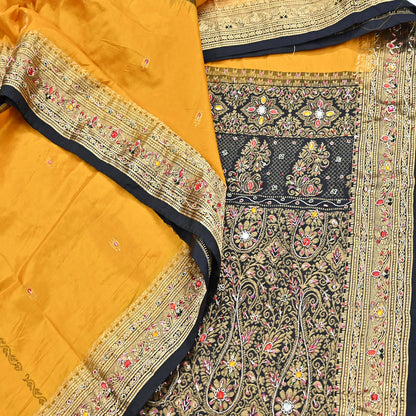 Indian Vintage Kanjivaram Saree Heavy Hand Embroidered Pure Silk Black & Yellow Bridal Fabric 5 Yards Dress Making Bollywood Sarees