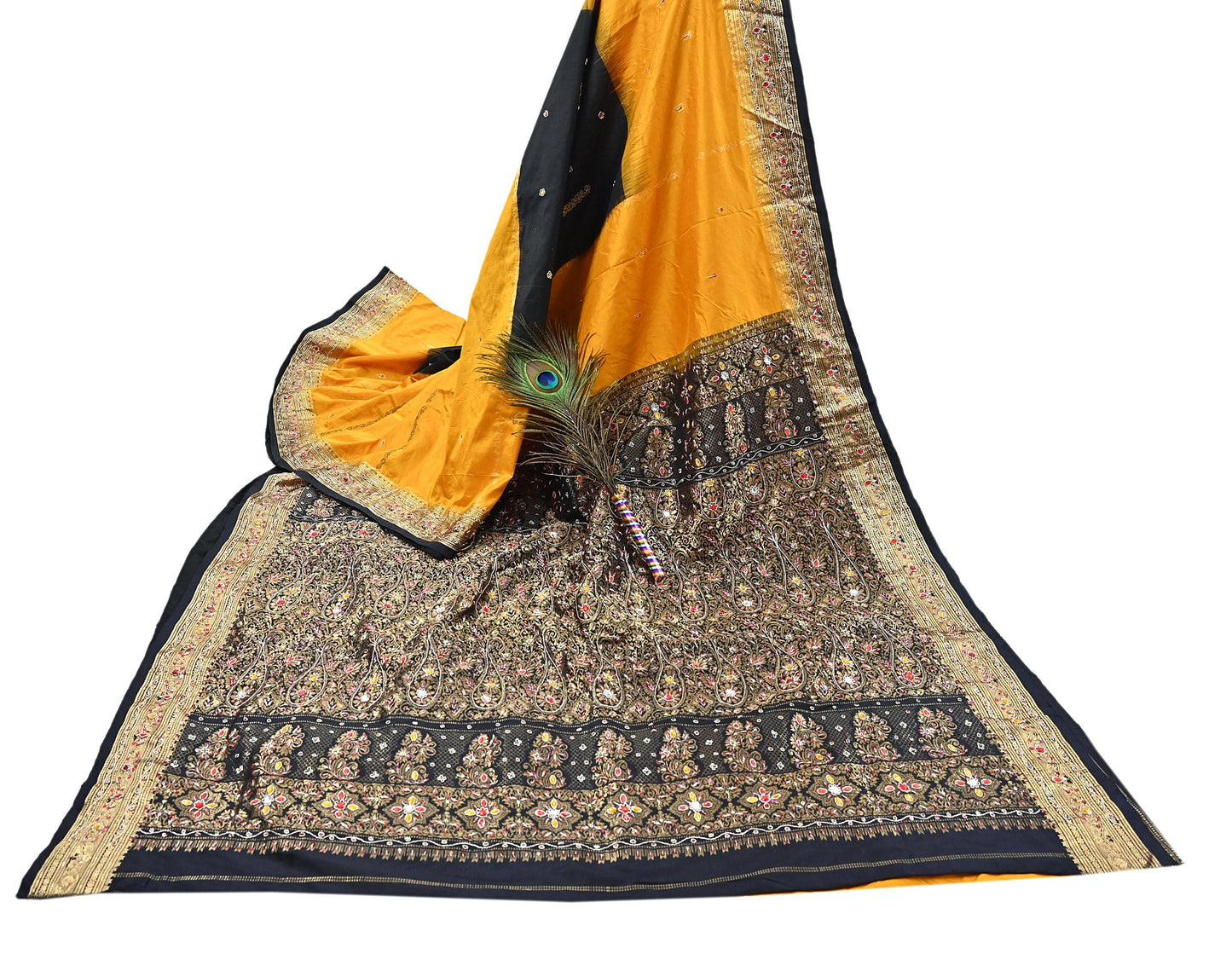 Indian Vintage Kanjivaram Saree Heavy Hand Embroidered Pure Silk Black & Yellow Bridal Fabric 5 Yards Dress Making Bollywood Sarees