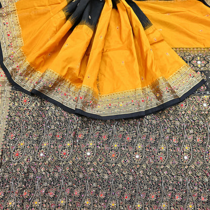 Indian Vintage Kanjivaram Saree Heavy Hand Embroidered Pure Silk Black & Yellow Bridal Fabric 5 Yards Dress Making Bollywood Sarees
