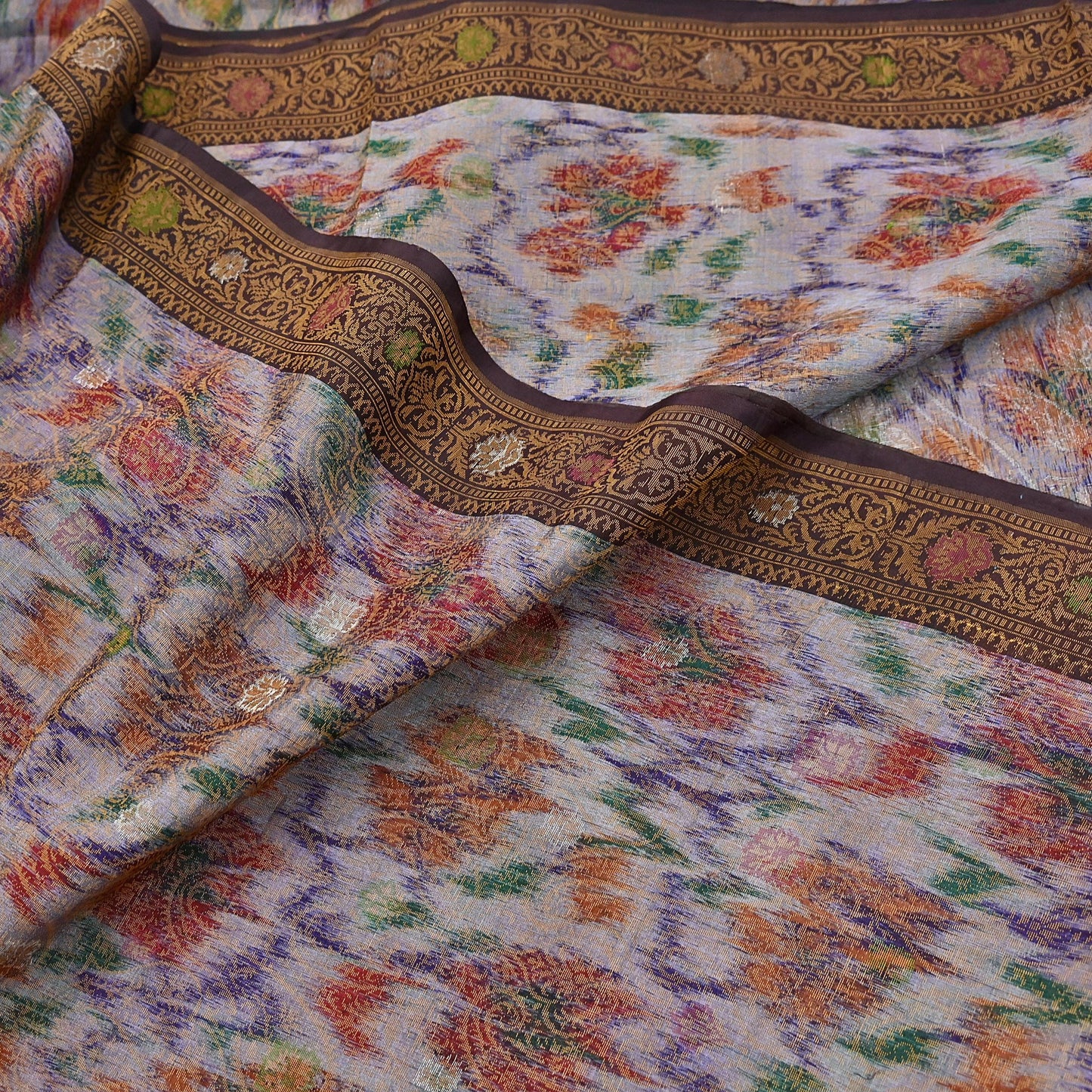 Indian Vintage Heavy Saree Brown & Multi 100% Pure Silk Hand Woven Ikat Sari Fabric 5Yard Ethnic Floral Soft Fabric zari