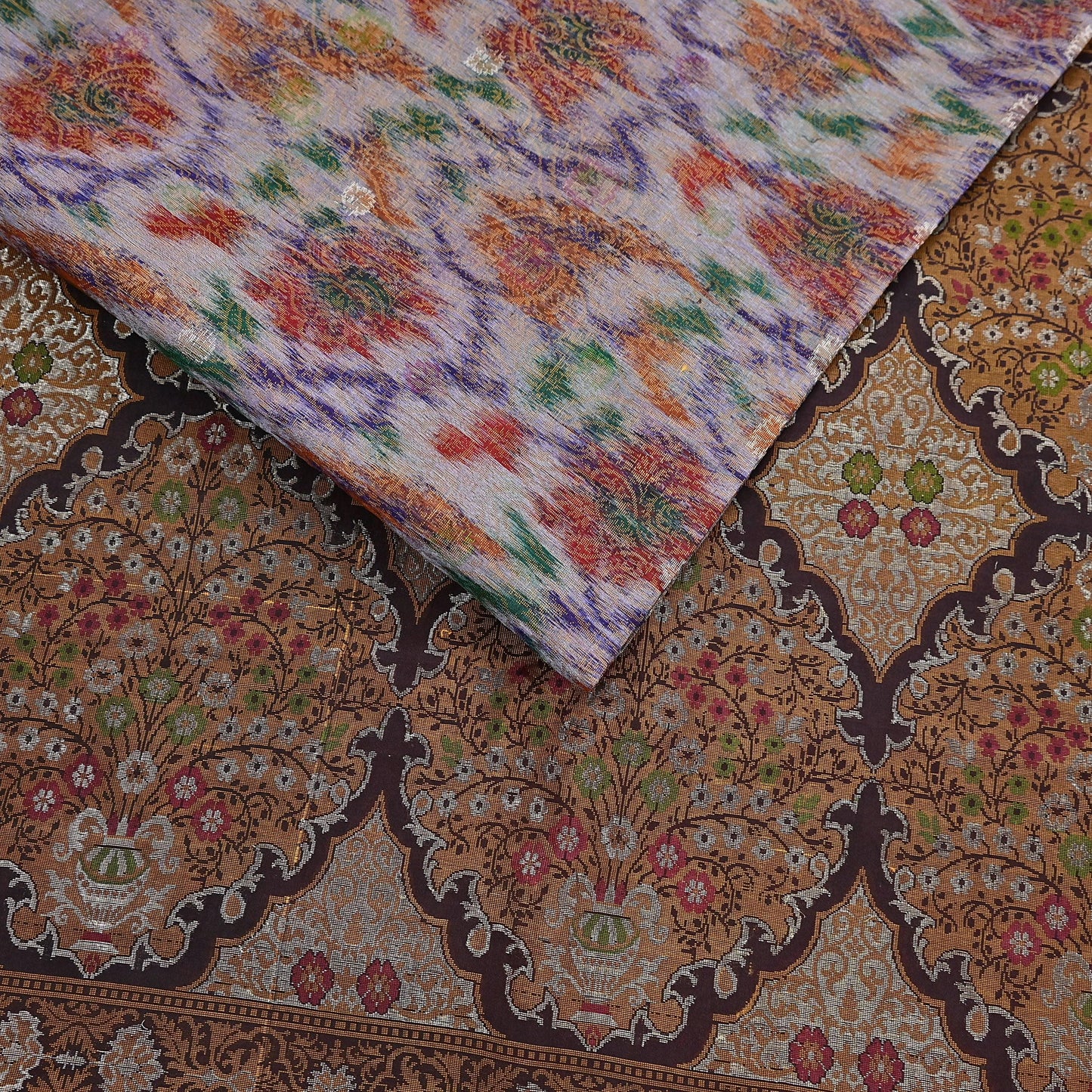 Indian Vintage Heavy Saree Brown & Multi 100% Pure Silk Hand Woven Ikat Sari Fabric 5Yard Ethnic Floral Soft Fabric zari