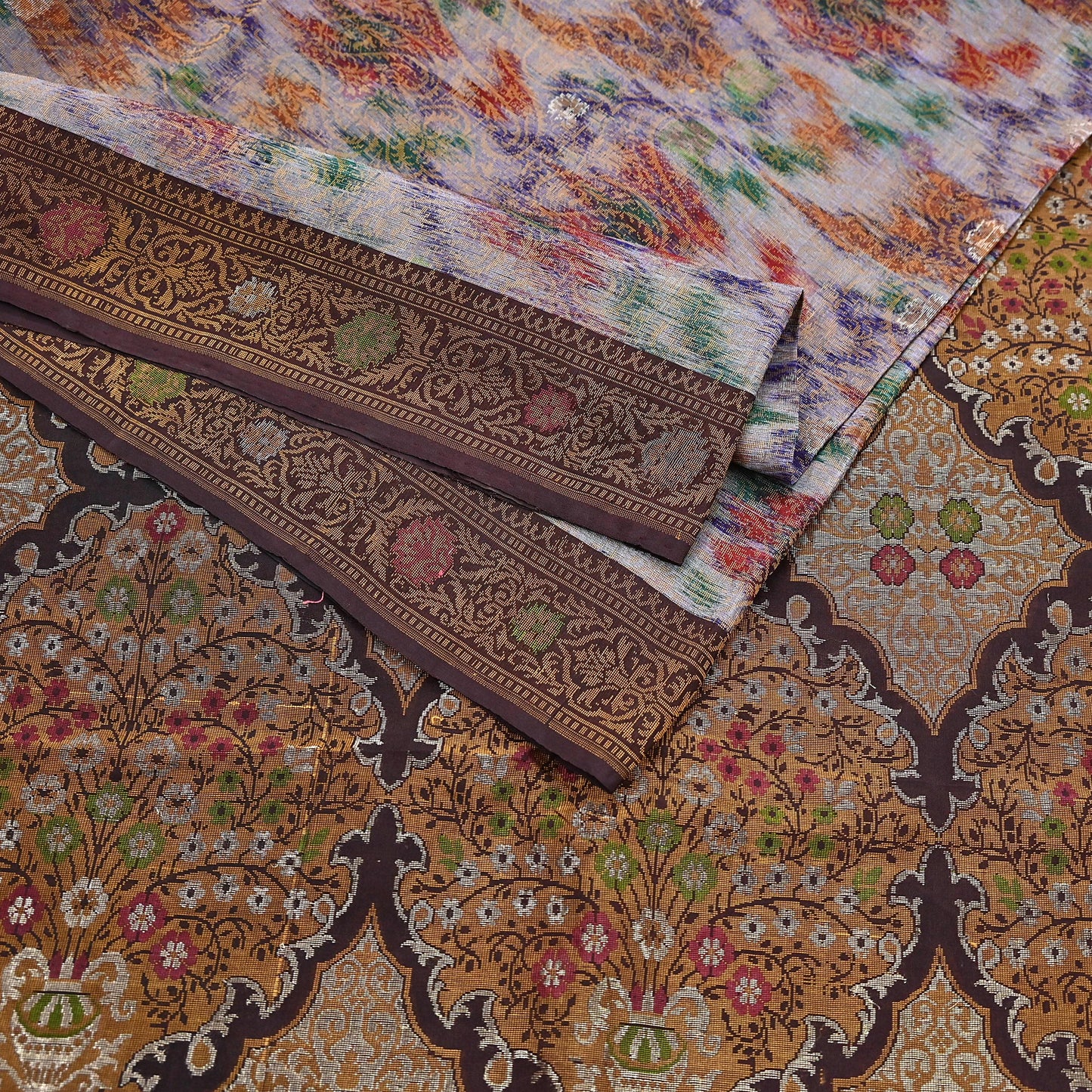 Indian Vintage Heavy Saree Brown & Multi 100% Pure Silk Hand Woven Ikat Sari Fabric 5Yard Ethnic Floral Soft Fabric zari
