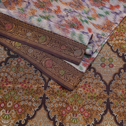 Indian Vintage Heavy Saree Brown & Multi 100% Pure Silk Hand Woven Ikat Sari Fabric 5Yard Ethnic Floral Soft Fabric zari