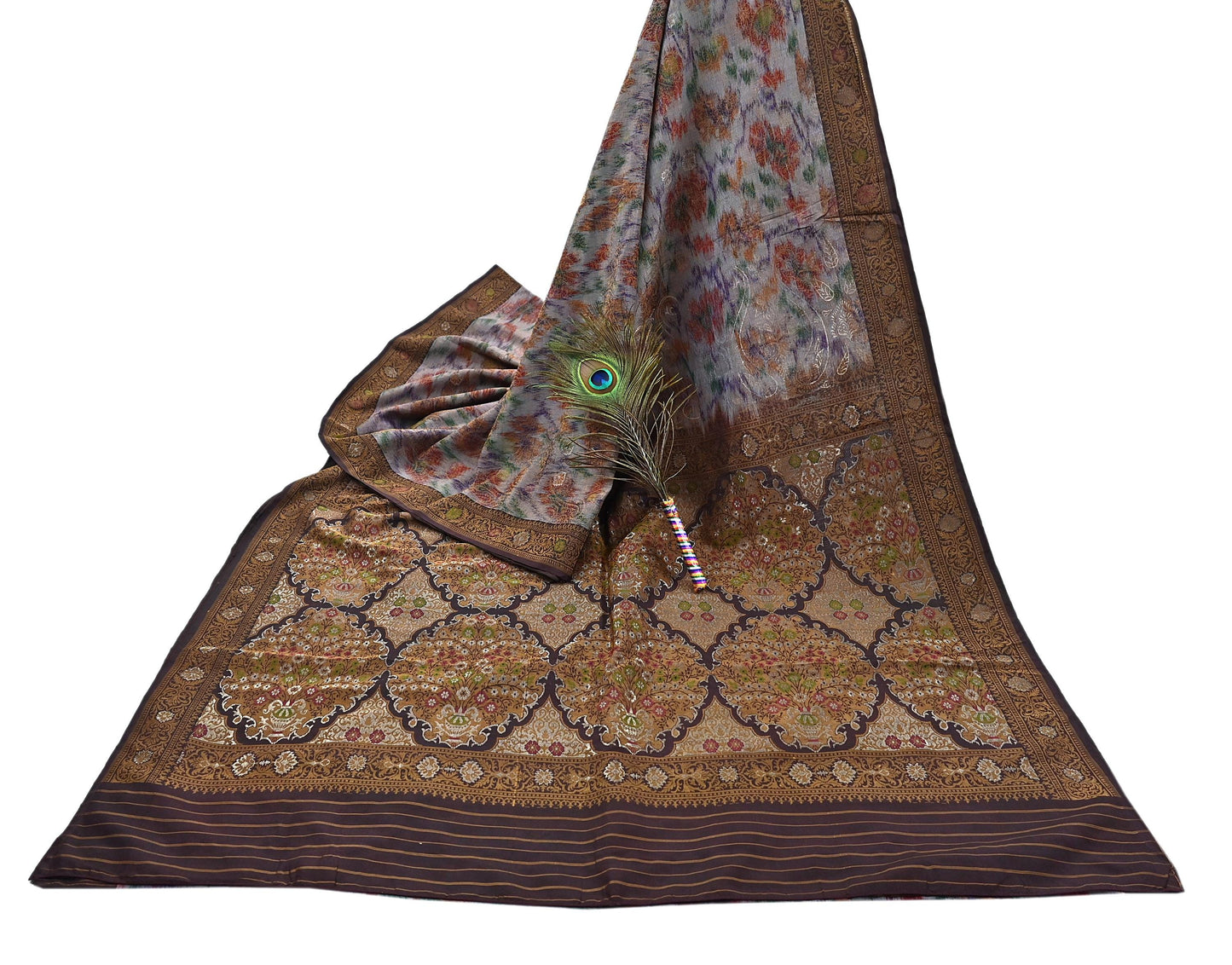 Indian Vintage Heavy Saree Brown & Multi 100% Pure Silk Hand Woven Ikat Sari Fabric 5Yard Ethnic Floral Soft Fabric zari