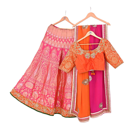 Indian Heavy Wedding Orange & pink Pure silk Hand Embroidered Lehenga 3pcs Set Designer By Manish Malhotra Party Wear