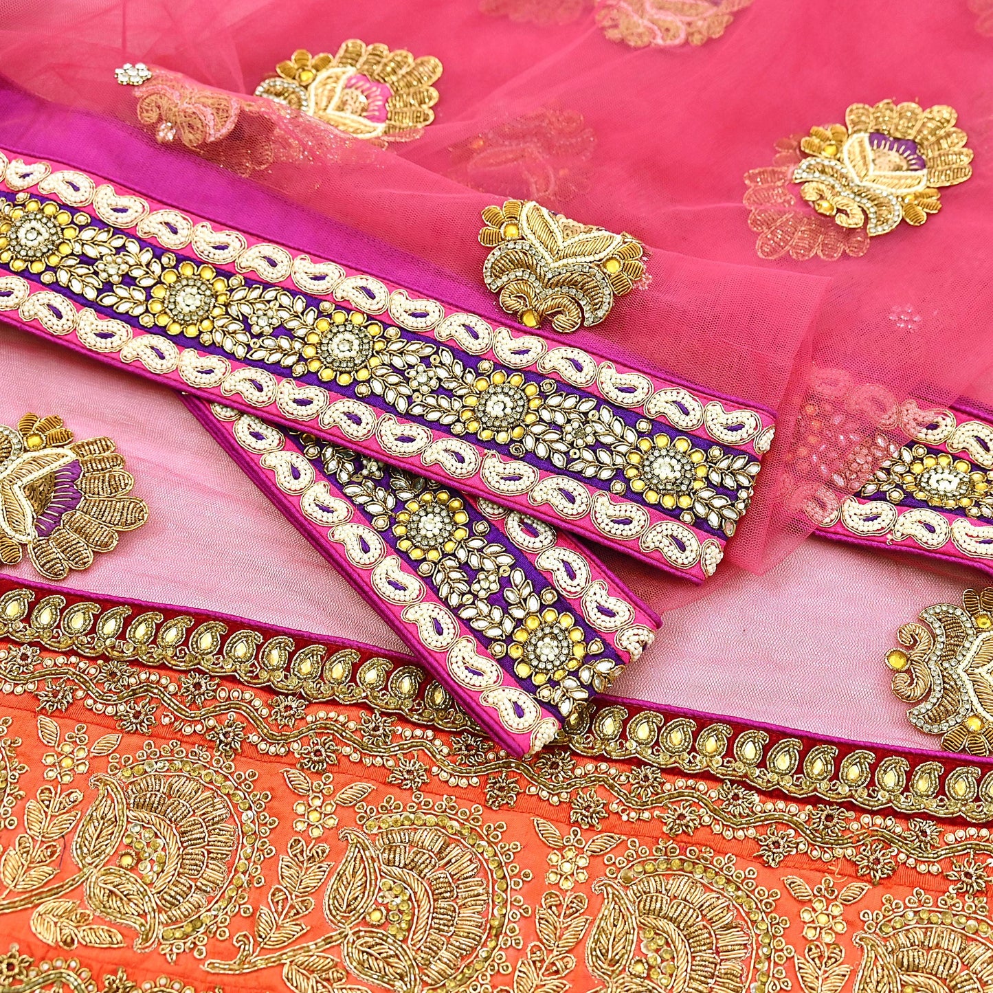 Indian Heavy Wedding Orange pink Net Hand Embroidered Lehenga 2pcs Set Designer By Manish Malhotra Party Wear