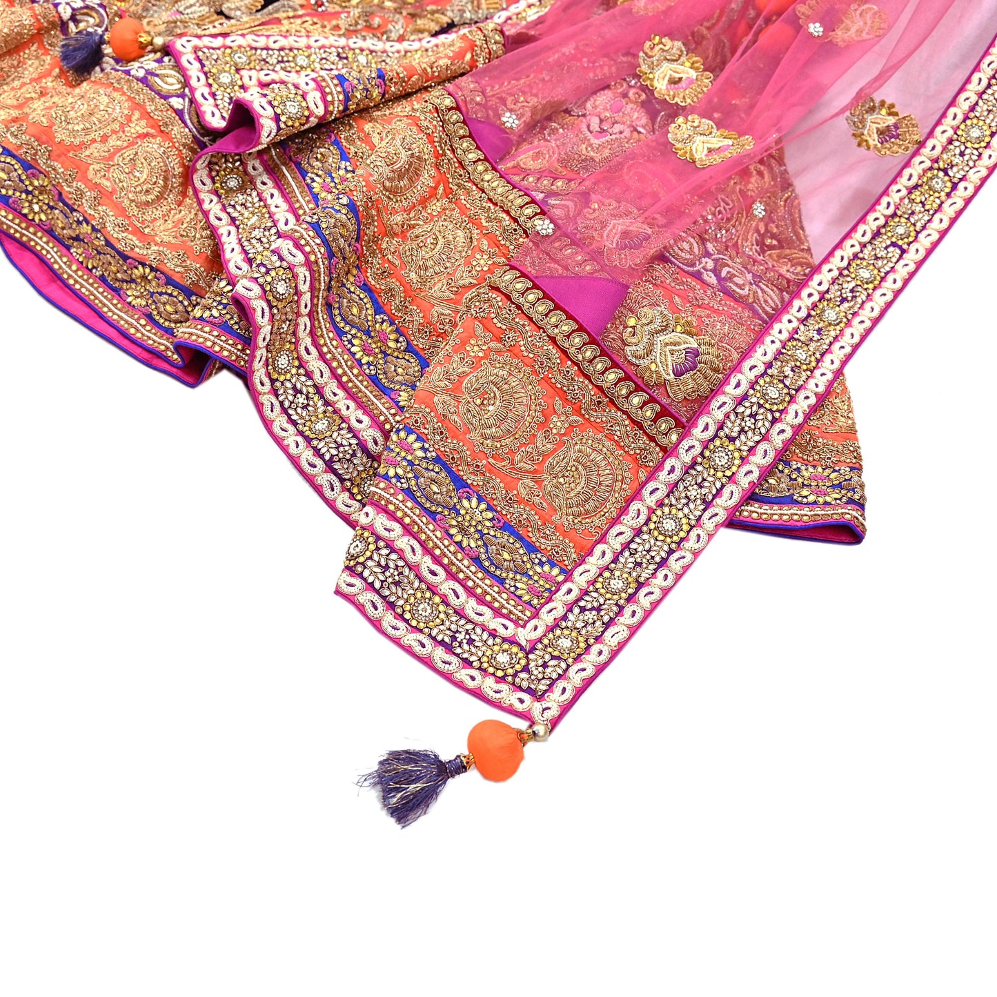 Indian Heavy Wedding Orange pink Net Hand Embroidered Lehenga 2pcs Set Designer By Manish Malhotra Party Wear