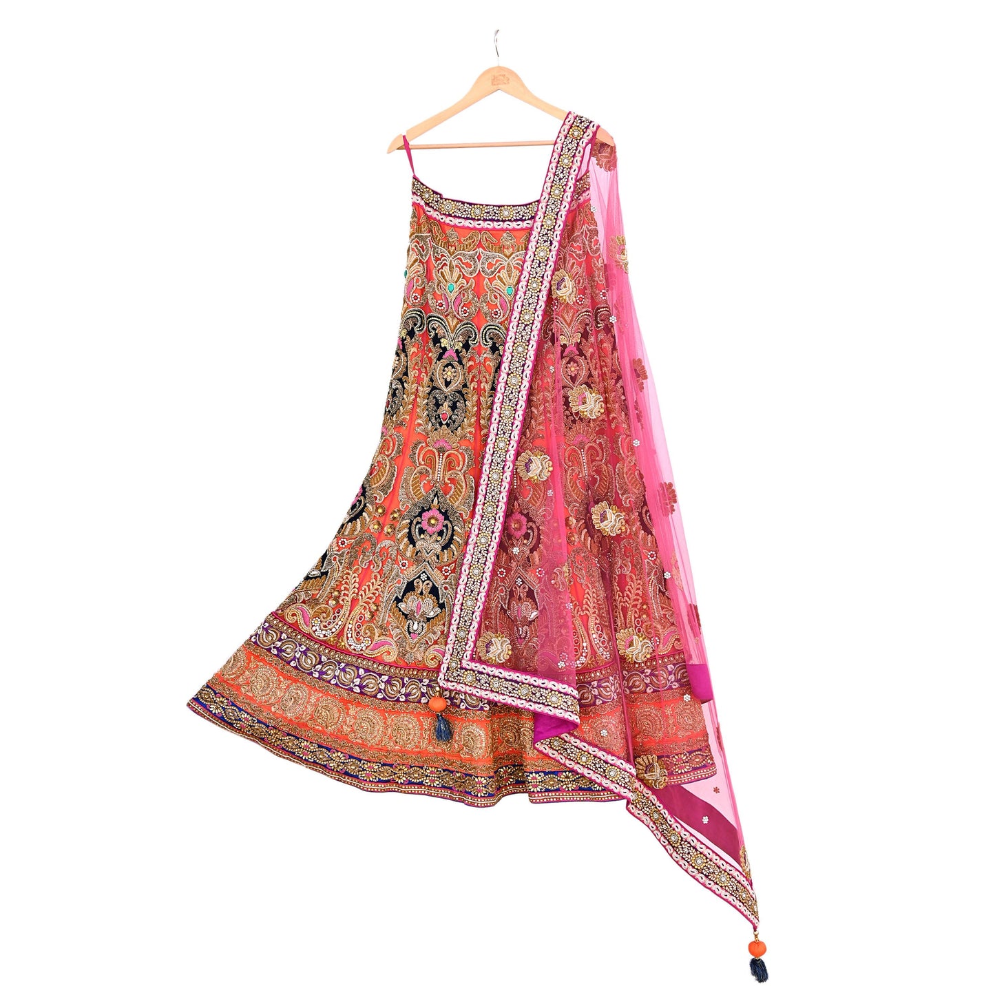 Indian Heavy Wedding Orange pink Net Hand Embroidered Lehenga 2pcs Set Designer By Manish Malhotra Party Wear