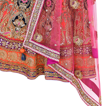 Indian Heavy Wedding Orange pink Net Hand Embroidered Lehenga 2pcs Set Designer By Manish Malhotra Party Wear