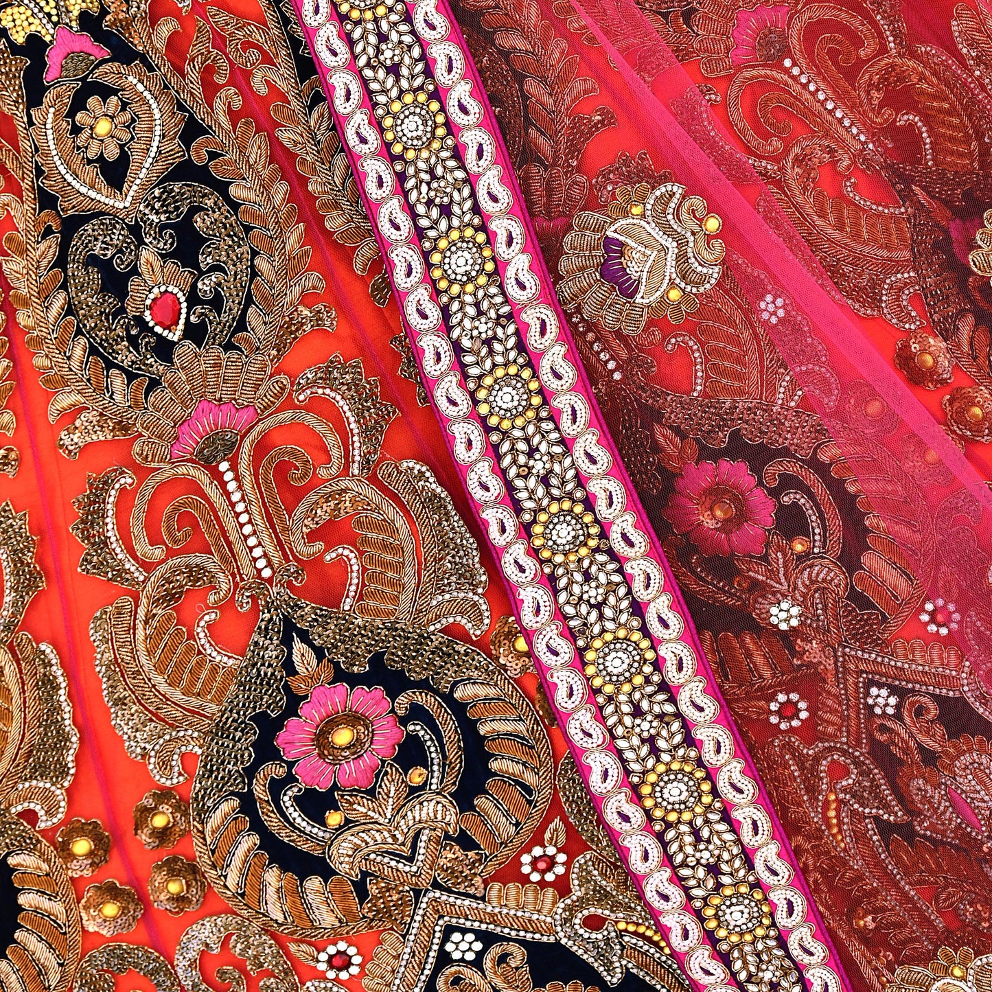 Indian Heavy Wedding Orange pink Net Hand Embroidered Lehenga 2pcs Set Designer By Manish Malhotra Party Wear
