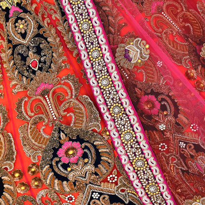 Indian Heavy Wedding Orange pink Net Hand Embroidered Lehenga 2pcs Set Designer By Manish Malhotra Party Wear