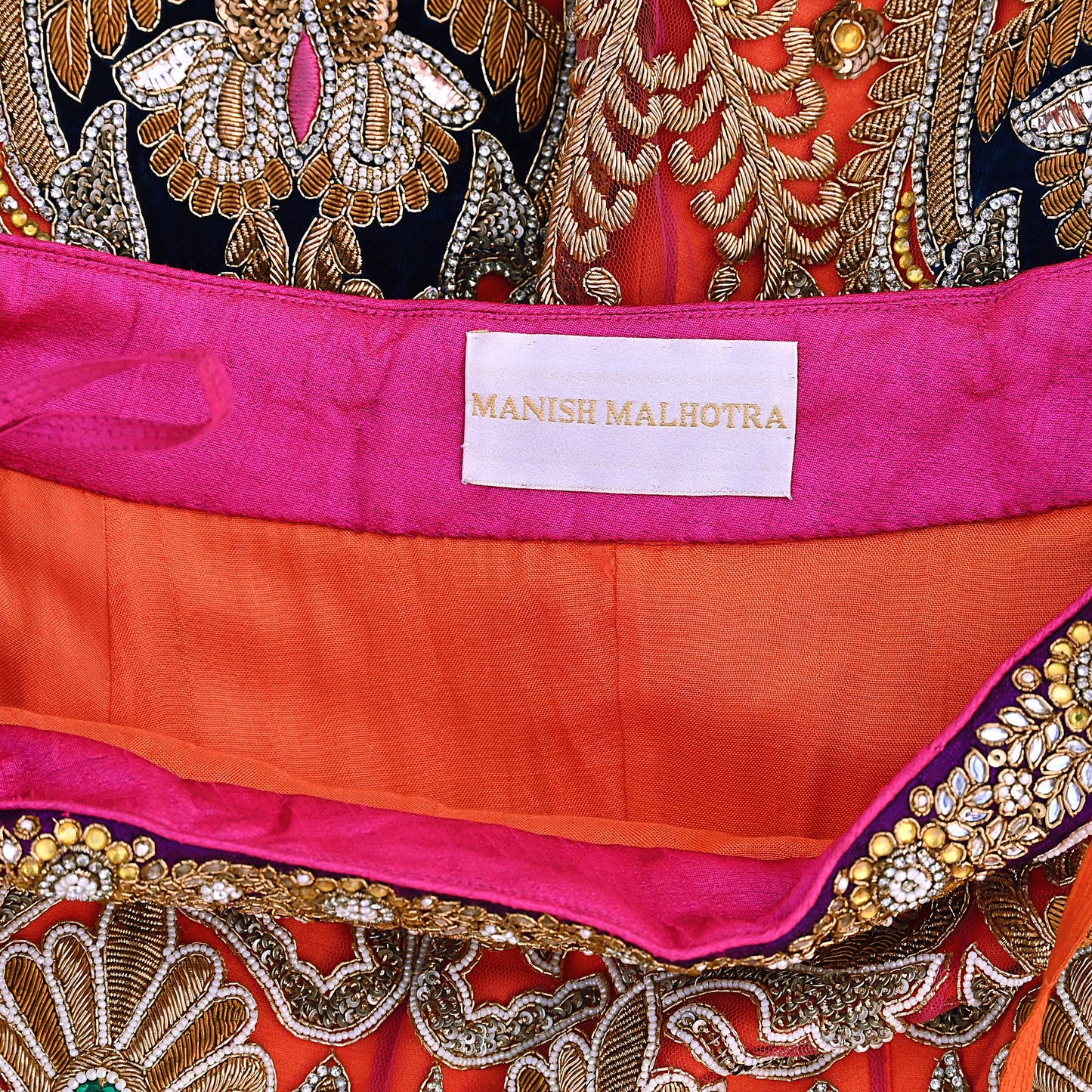 Indian Heavy Wedding Orange Net/Mesh Hand Embroidered Lehenga/Skirt Designer By Manish Malhotra Bridal Wear Zardozi/ Dabka