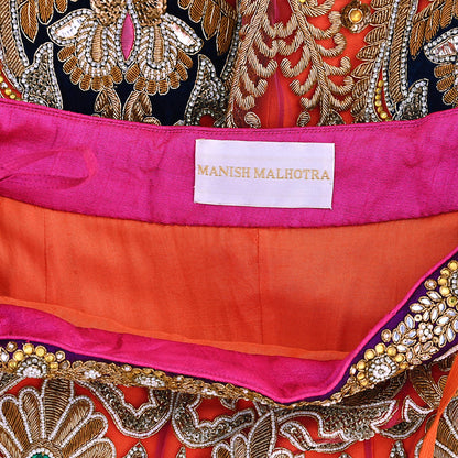 Indian Heavy Wedding Orange Net/Mesh Hand Embroidered Lehenga/Skirt Designer By Manish Malhotra Bridal Wear Zardozi/ Dabka