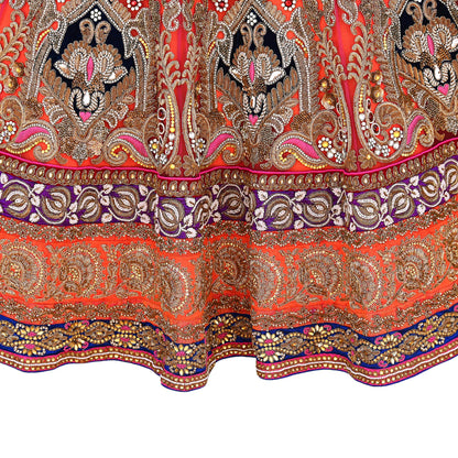 Indian Heavy Wedding Orange Net/Mesh Hand Embroidered Lehenga/Skirt Designer By Manish Malhotra Bridal Wear Zardozi/ Dabka