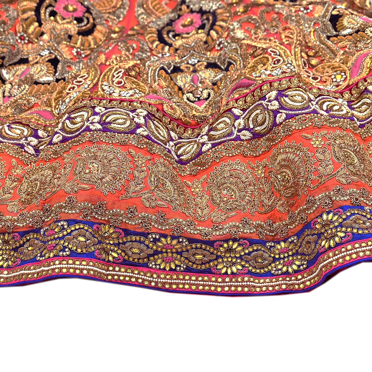 Indian Heavy Wedding Orange Net/Mesh Hand Embroidered Lehenga/Skirt Designer By Manish Malhotra Bridal Wear Zardozi/ Dabka