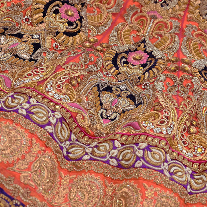 Indian Heavy Wedding Orange Net/Mesh Hand Embroidered Lehenga/Skirt Designer By Manish Malhotra Bridal Wear Zardozi/ Dabka