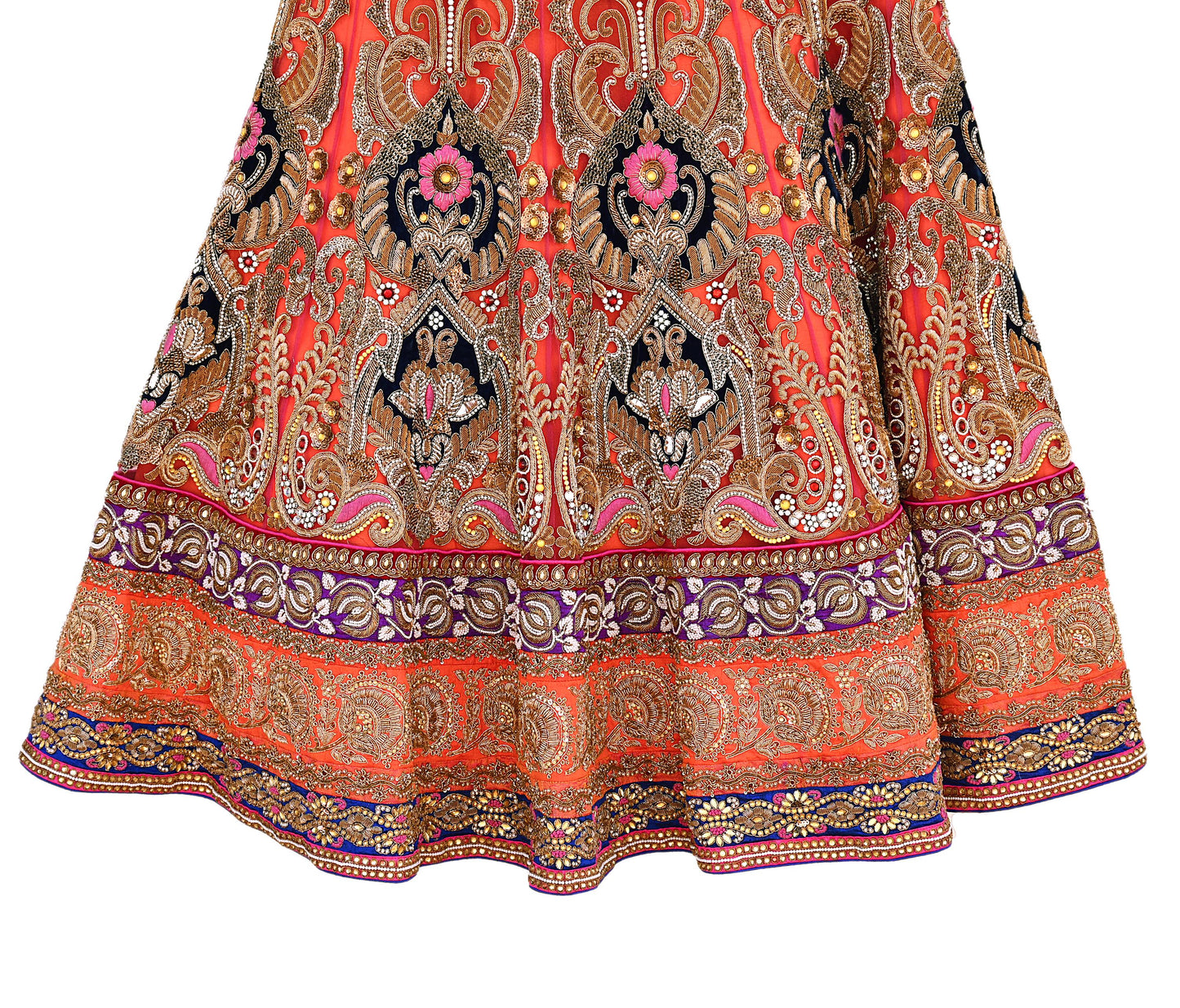Indian Heavy Wedding Orange Net/Mesh Hand Embroidered Lehenga/Skirt Designer By Manish Malhotra Bridal Wear Zardozi/ Dabka