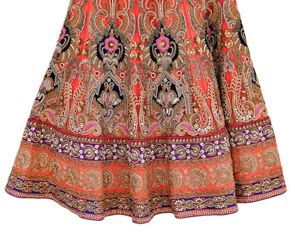 Indian Heavy Wedding Orange Net/Mesh Hand Embroidered Lehenga/Skirt Designer By Manish Malhotra Bridal Wear Zardozi/ Dabka
