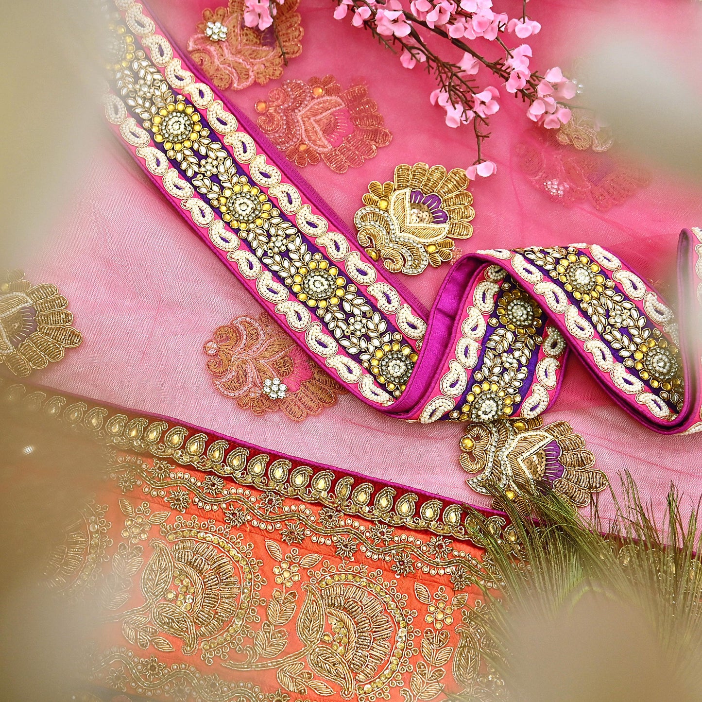 Indian Vintage Heavy Wedding pink Net/Mesh/ Velvet Hand Embroidered Dupatta Designer By Manish Malhotra Bridal Wear Zardozi Veil Hijab