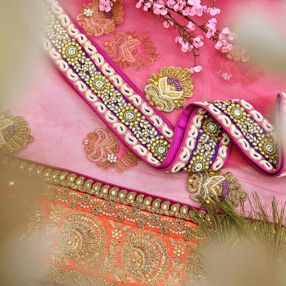 Indian Vintage Heavy Wedding pink Net/Mesh/ Velvet Hand Embroidered Dupatta Designer By Manish Malhotra Bridal Wear Zardozi Veil Hijab