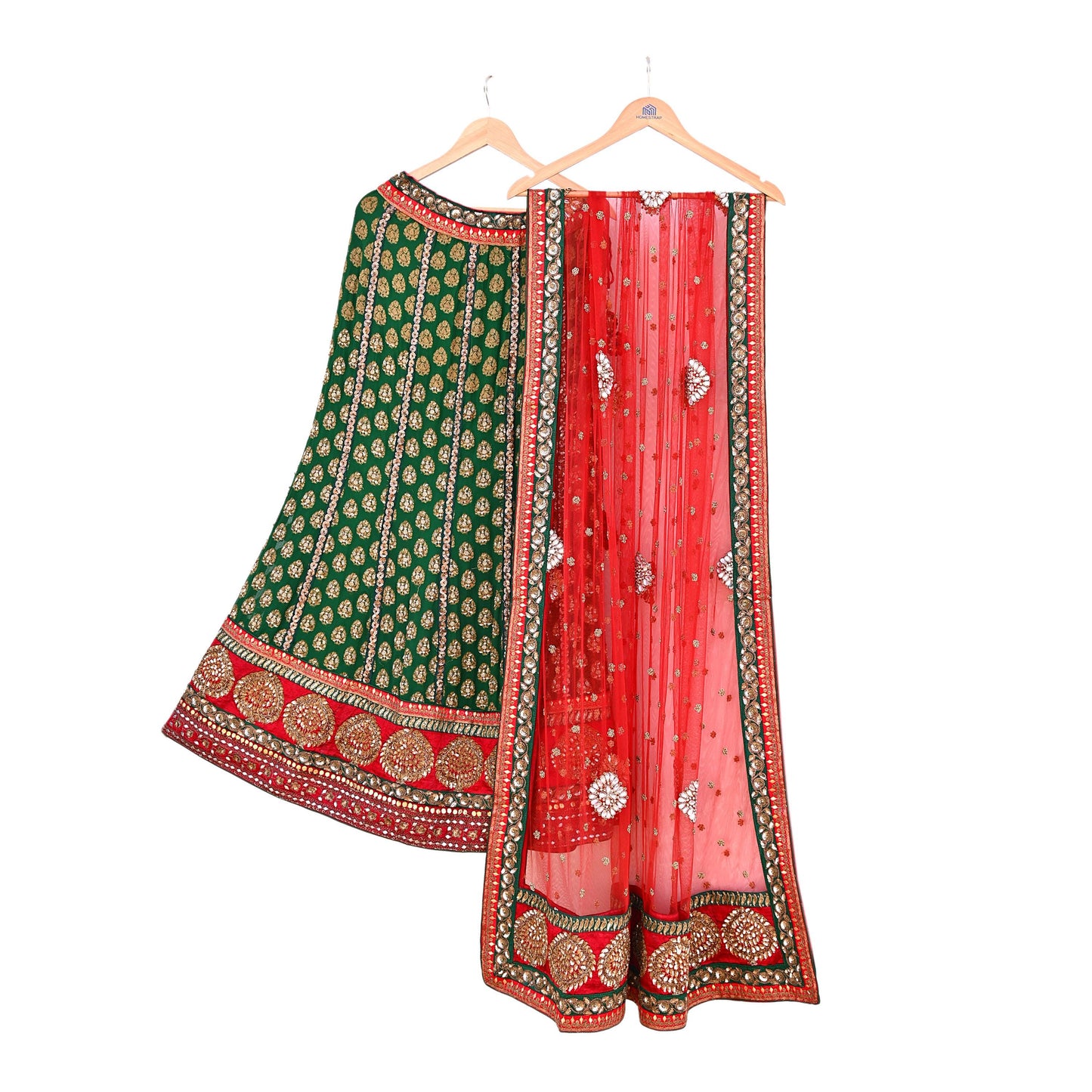 Indian Heavy Red & Green Pure Georgette Silk/Net Hand Embroidered Lehenga 2pcs Set By Designer Sabyasachi Bridal Wear