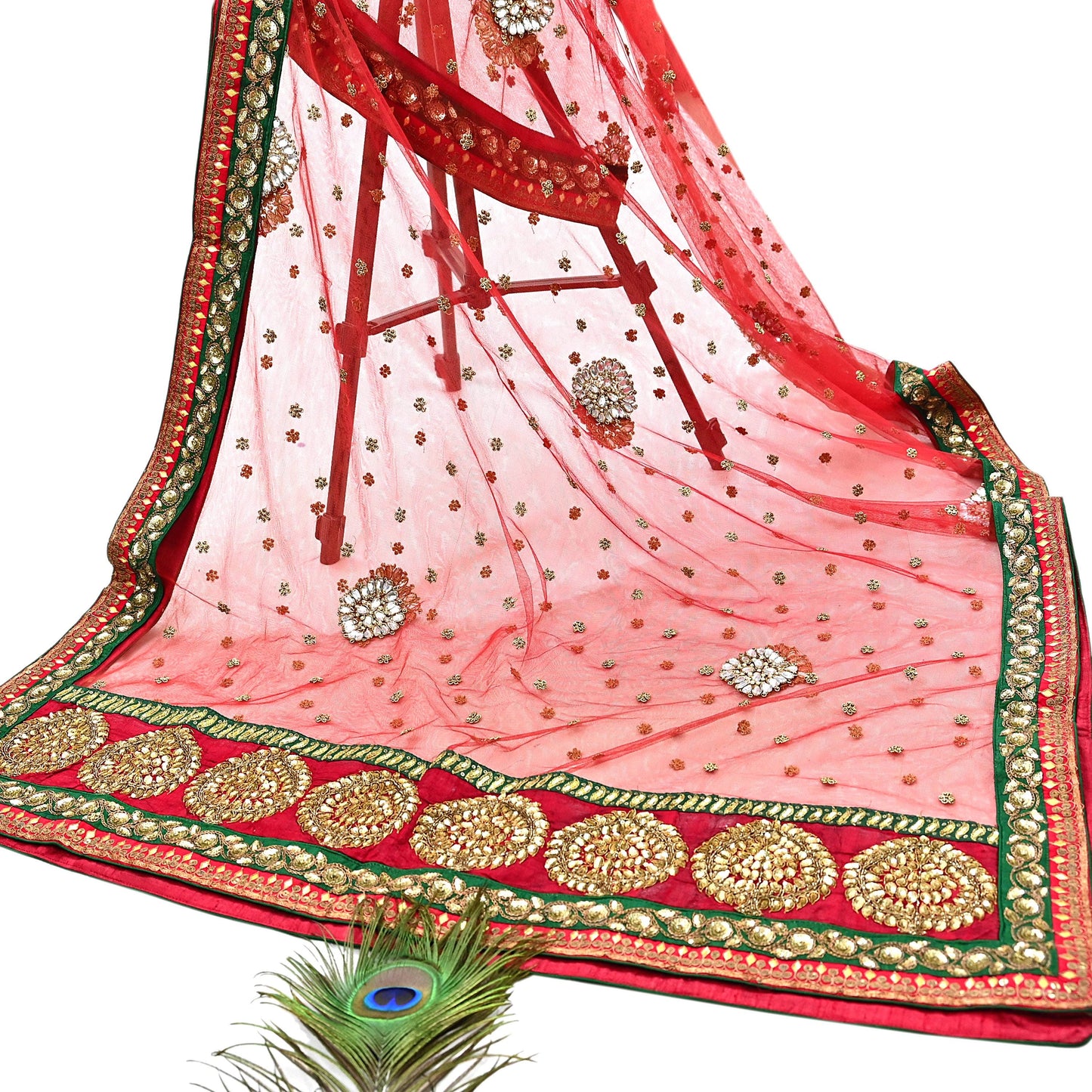 Indian Heavy Red & Green Pure Georgette Silk/Net Hand Embroidered Lehenga 2pcs Set By Designer Sabyasachi Bridal Wear
