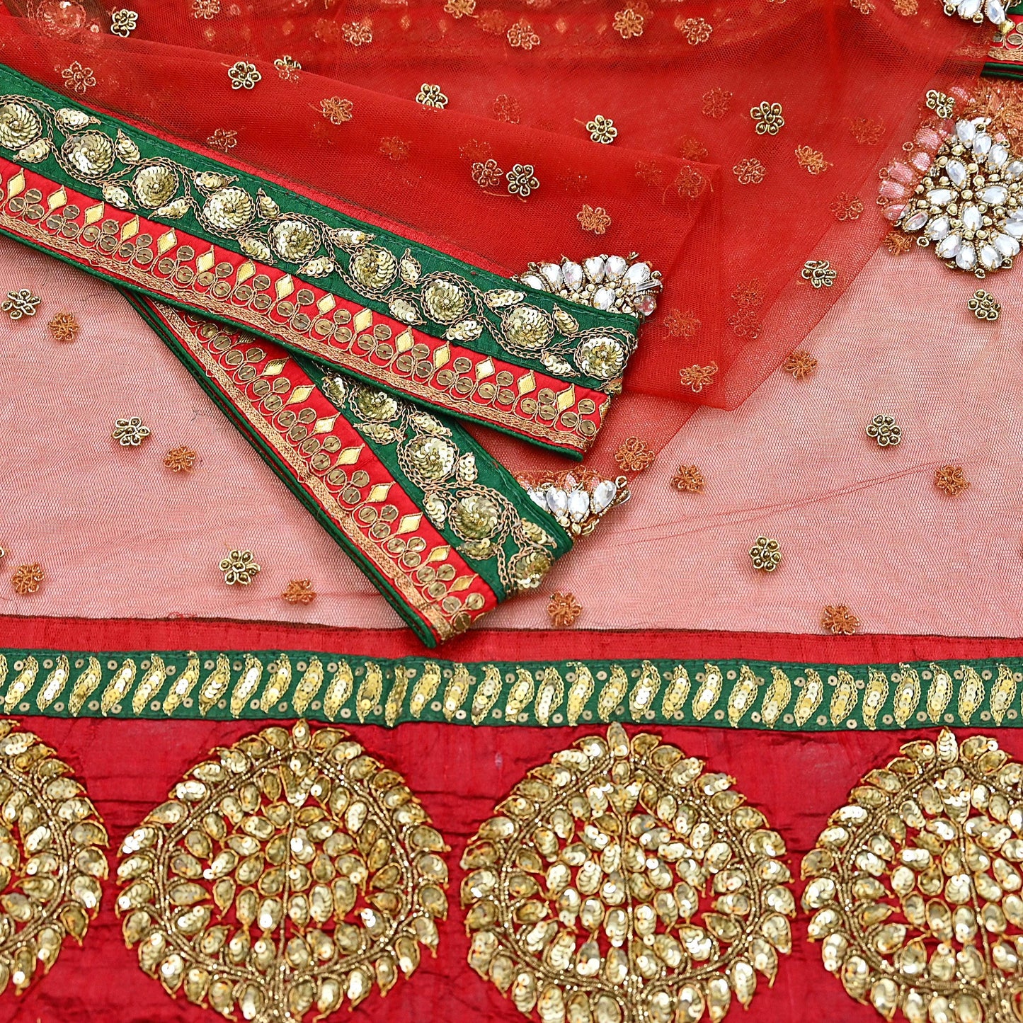 Indian Heavy Red & Green Pure Georgette Silk/Net Hand Embroidered Lehenga 2pcs Set By Designer Sabyasachi Bridal Wear