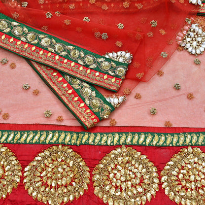 Indian Heavy Red & Green Pure Georgette Silk/Net Hand Embroidered Lehenga 2pcs Set By Designer Sabyasachi Bridal Wear