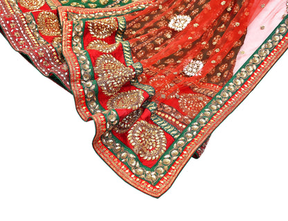 Indian Heavy Red & Green Pure Georgette Silk/Net Hand Embroidered Lehenga 2pcs Set By Designer Sabyasachi Bridal Wear